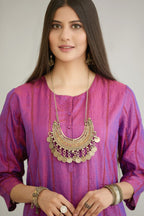 Purple hand crushed silk straight kurta set with vertical organza fabric inset stripe detail in front, back and 3/4 sleeves, highlighted with contrasting top stitch.
