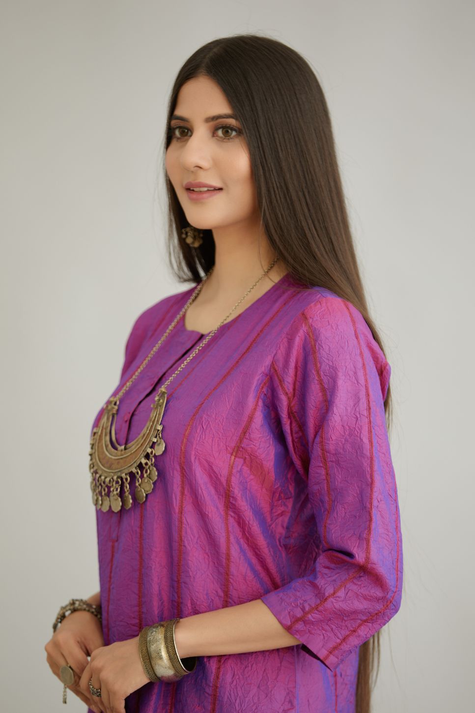 Purple hand crushed silk straight kurta set with vertical organza fabric inset stripe detail in front, back and 3/4 sleeves, highlighted with contrasting top stitch.