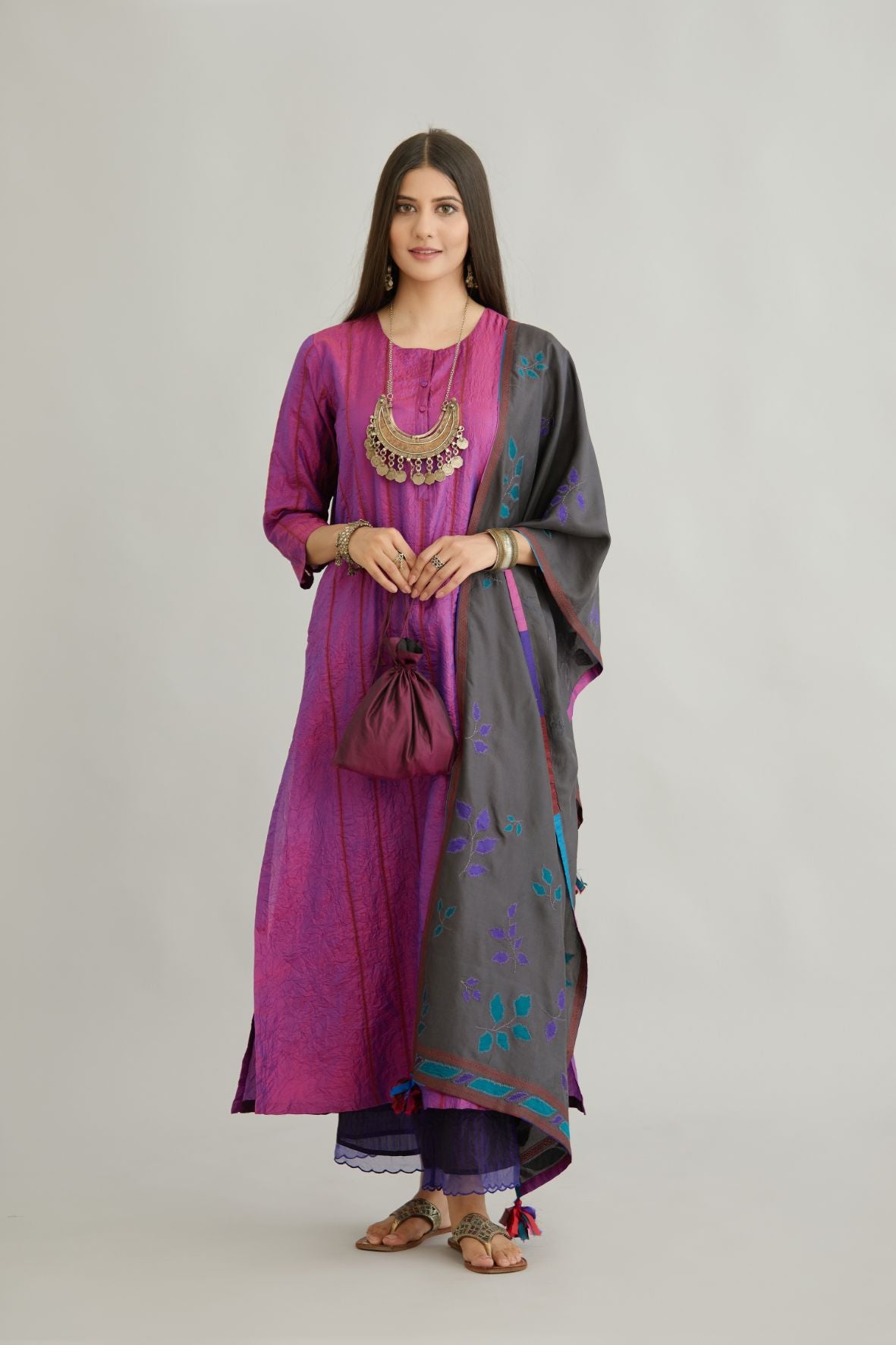 Purple hand crushed silk straight kurta set with vertical organza fabric inset stripe detail in front, back and 3/4 sleeves, highlighted with contrasting top stitch.