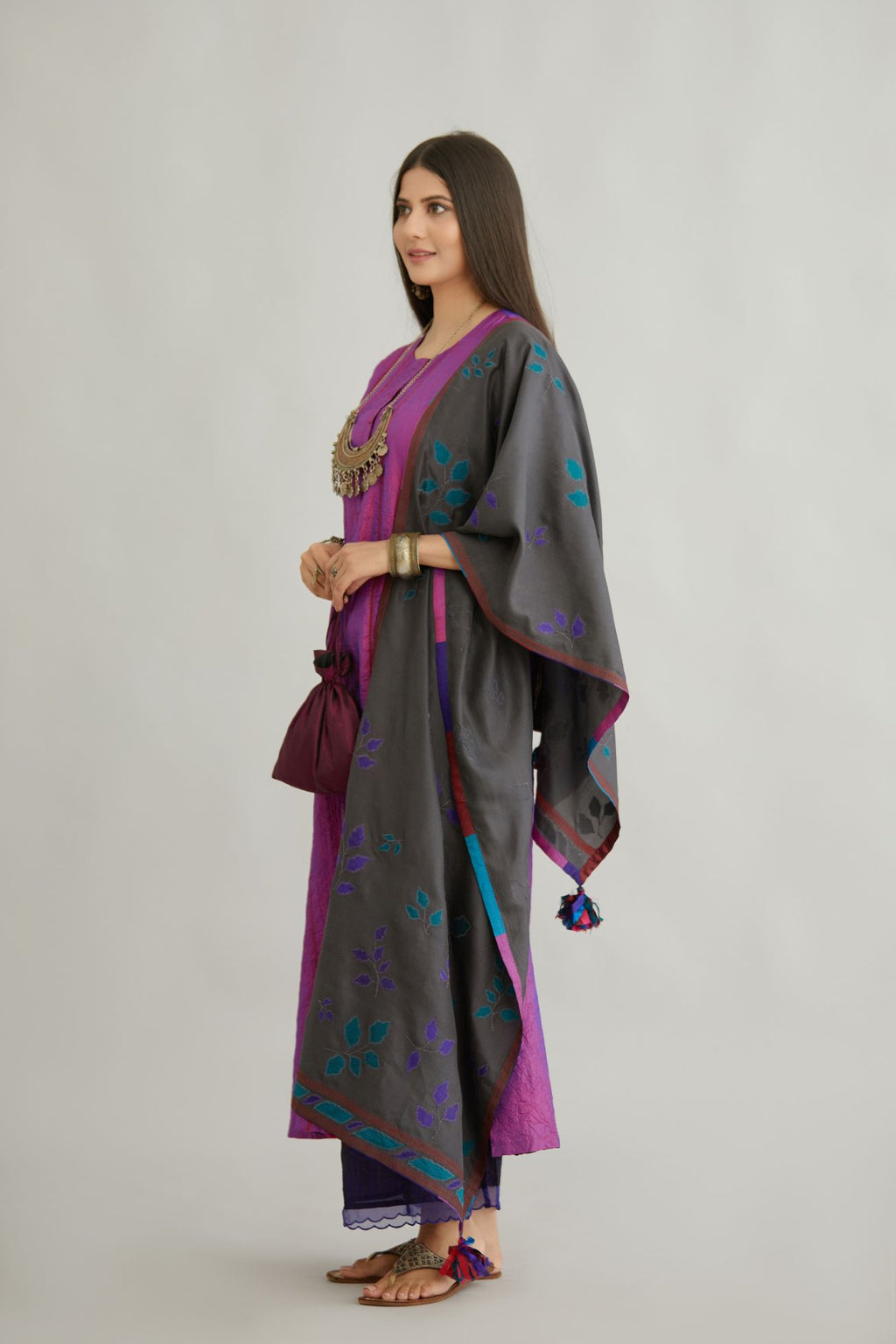 Purple hand crushed silk straight kurta set with vertical organza fabric inset stripe detail in front, back and 3/4 sleeves, highlighted with contrasting top stitch.