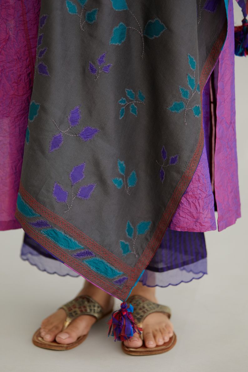 Purple hand crushed silk straight kurta set with vertical organza fabric inset stripe detail in front, back and 3/4 sleeves, highlighted with contrasting top stitch.