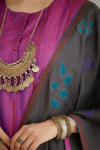 Purple hand crushed silk straight kurta set with vertical organza fabric inset stripe detail in front, back and 3/4 sleeves, highlighted with contrasting top stitch.