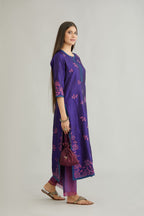 Blue hand crushed silk kurta set with all-over contrast silk fabric applique work and embroidered button placket neckline.