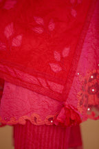 Fuchsia hand crushed silk straight kurta set with silk and organza cutwork embroidery, highlighted with hand attached mirrors.