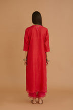 Red hand crushed silk straight kurta set with silk and organza cutwork embroidery, highlighted with hand attached mirrors.