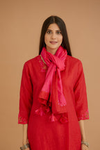 Red hand crushed silk straight kurta set with silk and organza cutwork embroidery, highlighted with hand attached mirrors.