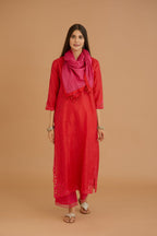Red hand crushed silk straight kurta set with silk and organza cutwork embroidery, highlighted with hand attached mirrors.