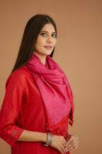 Red hand crushed silk straight kurta set with silk and organza cutwork embroidery, highlighted with hand attached mirrors.