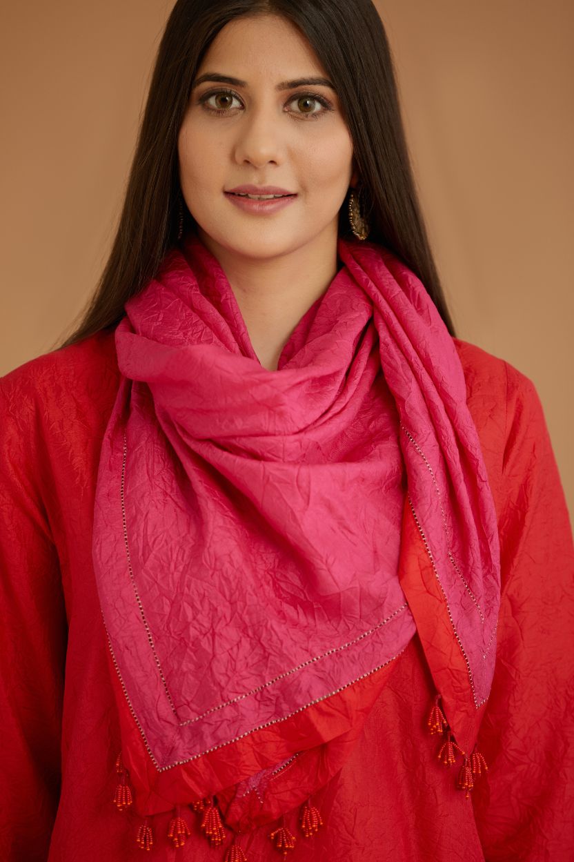 Red hand crushed silk straight kurta set with silk and organza cutwork embroidery, highlighted with hand attached mirrors.