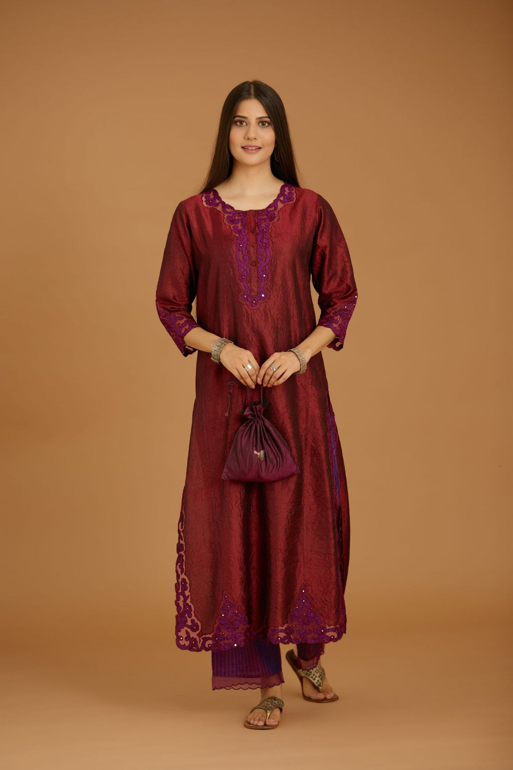 Maroon hand crushed silk straight kurta set with silk and organza cutwork embroidery, highlighted with hand attached mirrors.