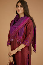 Maroon hand crushed silk straight kurta set with silk and organza cutwork embroidery, highlighted with hand attached mirrors.