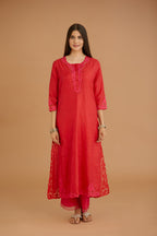 Red hand crushed silk straight kurta set with silk and organza cutwork embroidery, highlighted with hand attached mirrors.