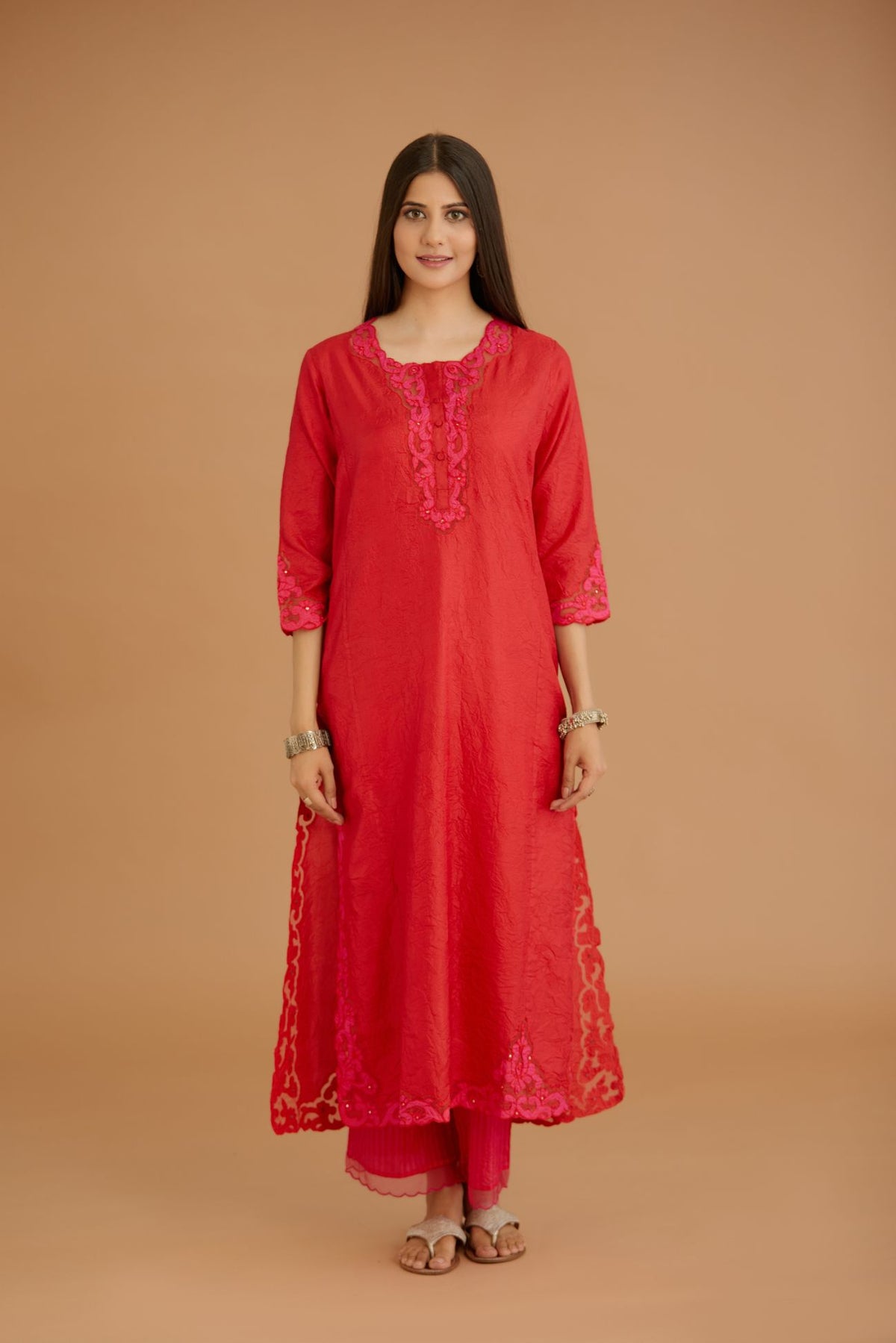 Red hand crushed silk straight kurta set with silk and organza cutwork embroidery, highlighted with hand attached mirrors.