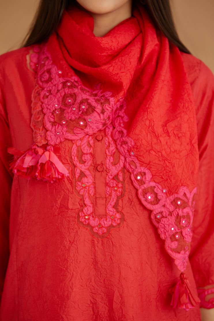 Red hand crushed silk straight kurta set with silk and organza cutwork embroidery, highlighted with hand attached mirrors.
