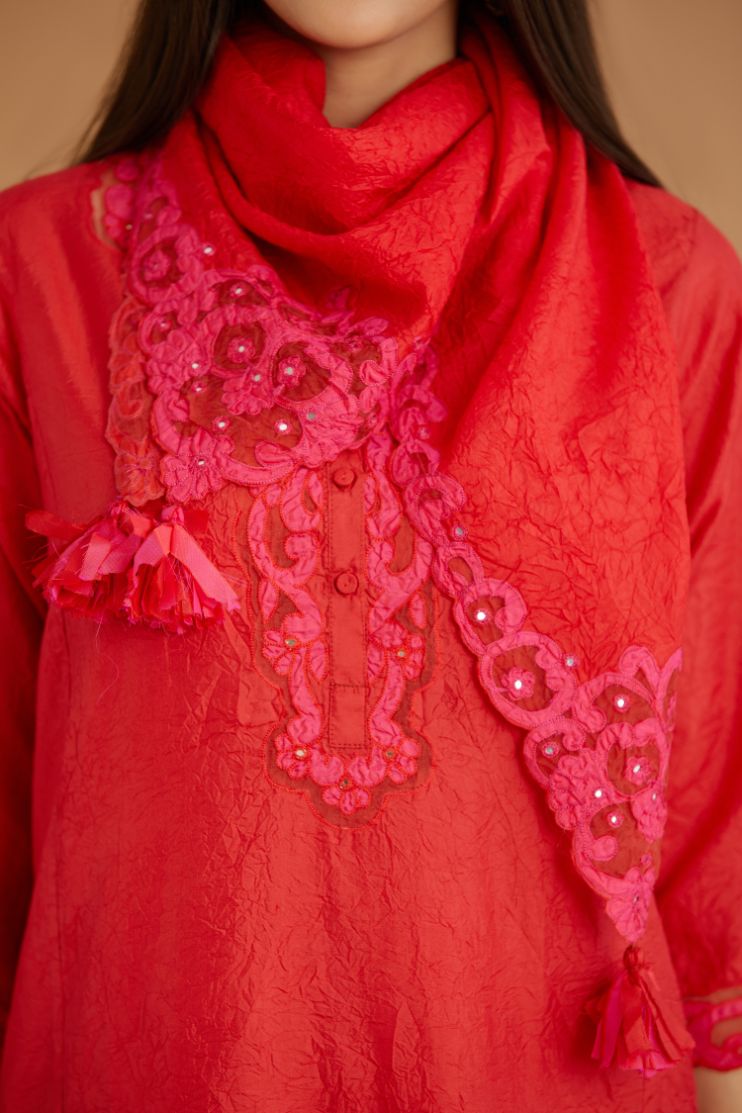 Red hand crushed silk straight kurta set with silk and organza cutwork embroidery, highlighted with hand attached mirrors.