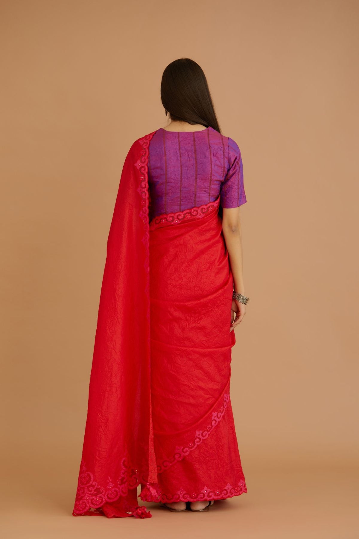 Purple hand crushed silk blouse with vertical inset stripe organza fabric detailing in front, back and sleeves, highlighted with contrasting top stitch.(Blouse)