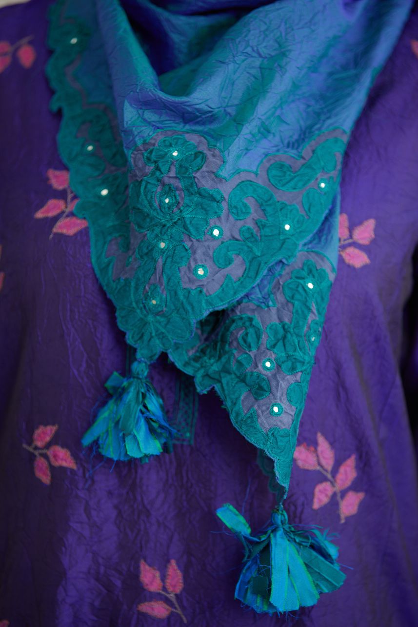 Teal blue hand crushed silk square scarf with silk and organza cutwork embroidery and hand attached mirrors.