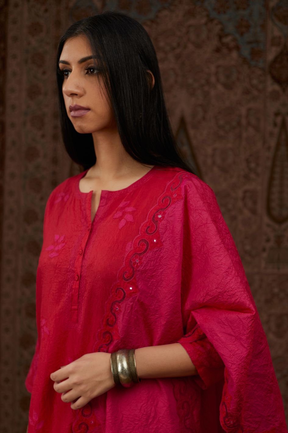 Fuchsia hand crushed silk stole with silk and organza cutwork embroidery and hand attached mirrors.