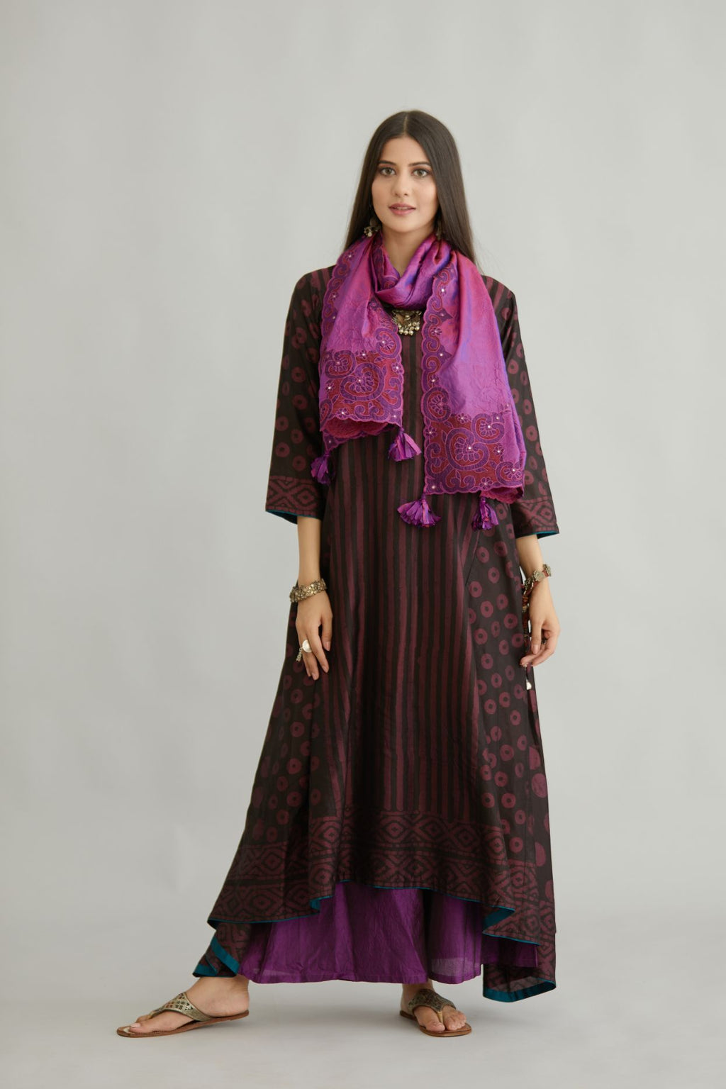 Purple hand crushed silk stole with silk and organza cutwork embroidery and hand attached mirrors.