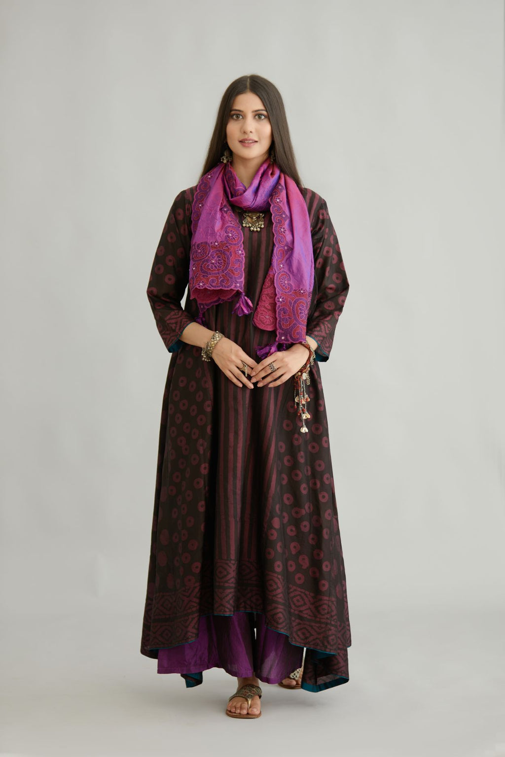 Purple hand crushed silk stole with silk and organza cutwork embroidery and hand attached mirrors.
