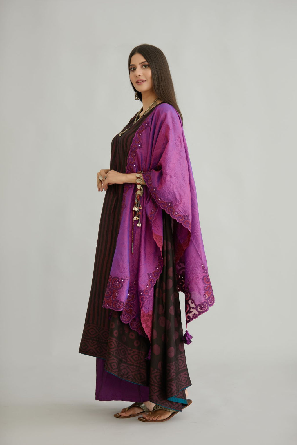 Purple hand crushed silk stole with silk and organza cutwork embroidery and hand attached mirrors.