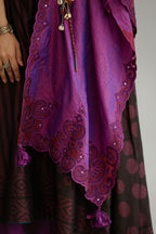 Purple hand crushed silk stole with silk and organza cutwork embroidery and hand attached mirrors.