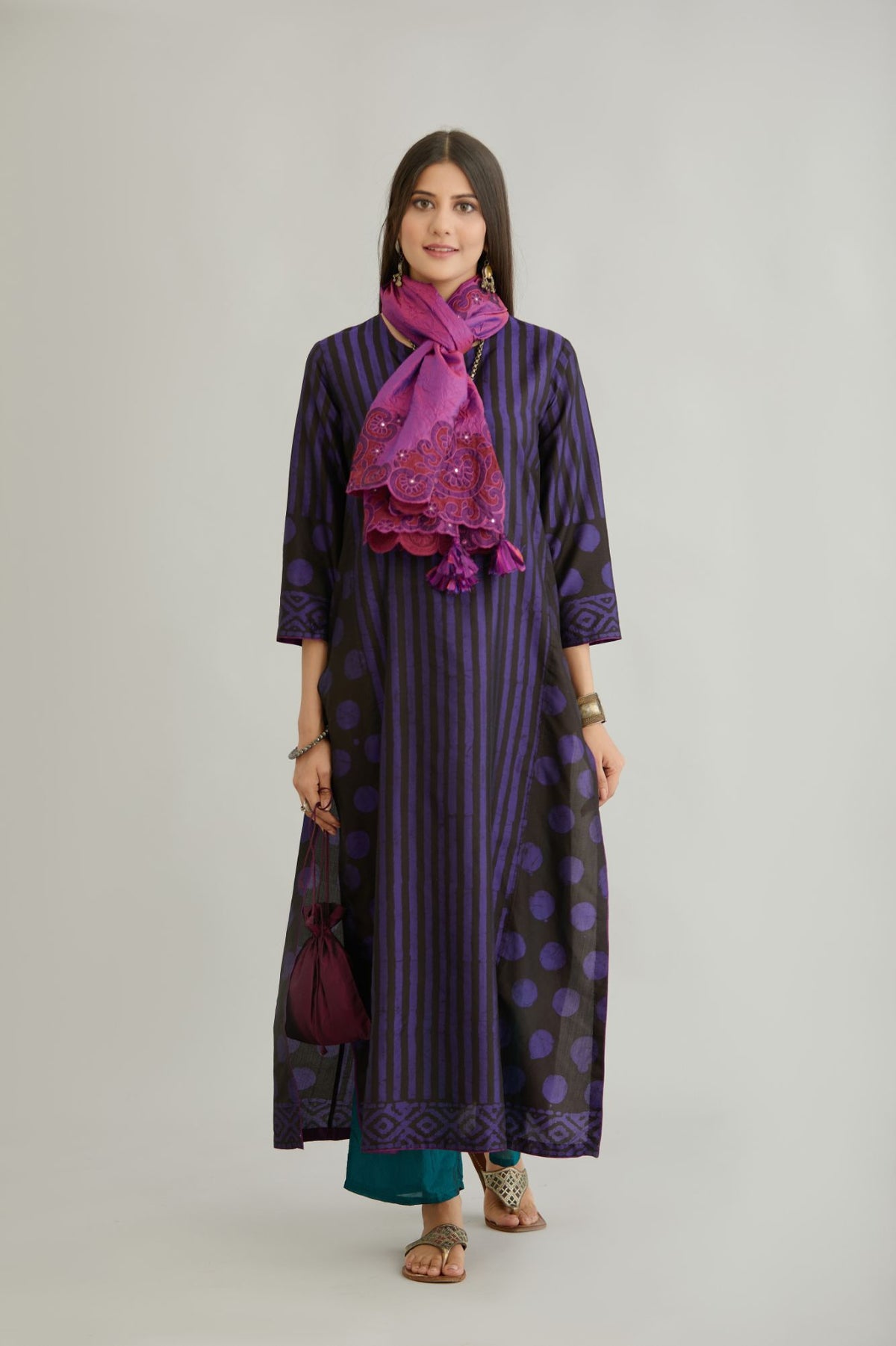 Purple hand crushed silk stole with silk and organza cutwork embroidery and hand attached mirrors.