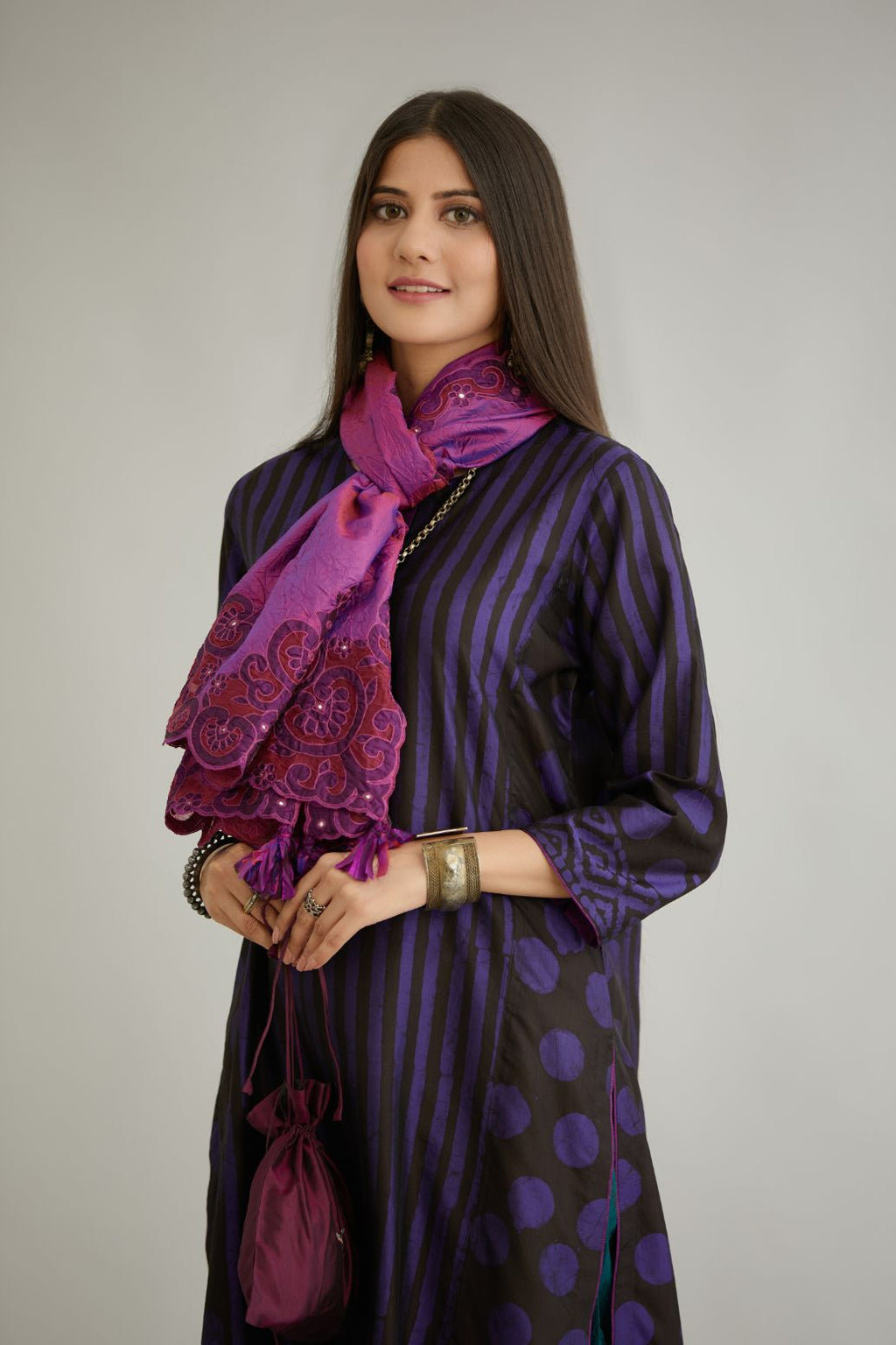 Purple hand crushed silk stole with silk and organza cutwork embroidery and hand attached mirrors.