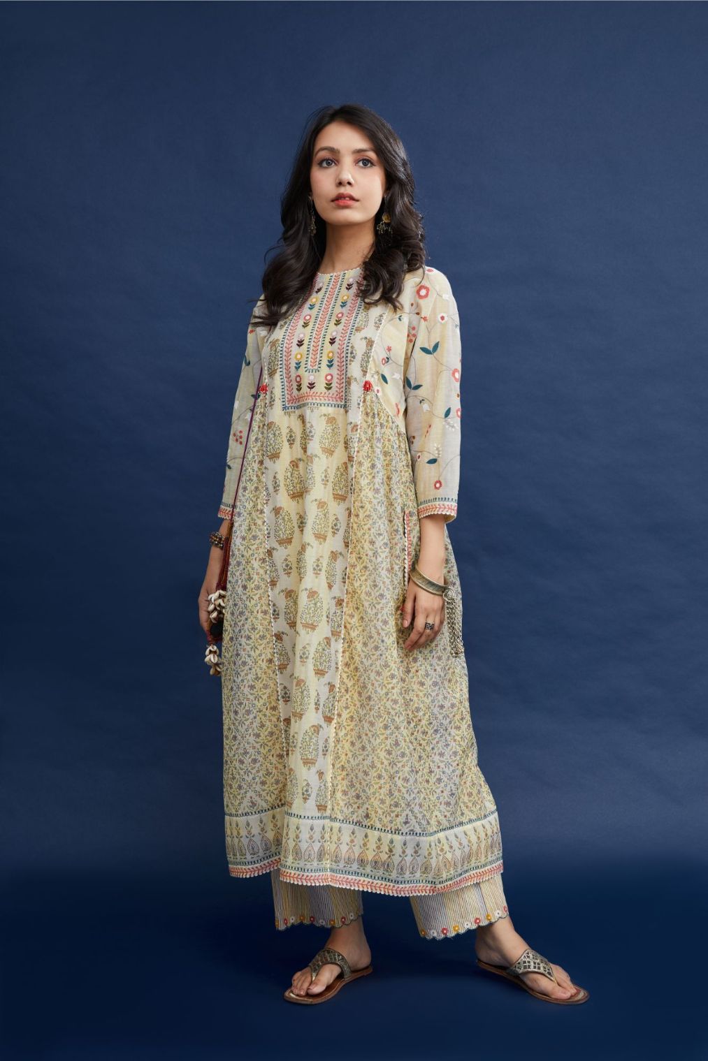 Hand block printed cotton Chanderi kurta set with cotton slip inside, highlighted with multi colored thread embroidery and ric-rac.