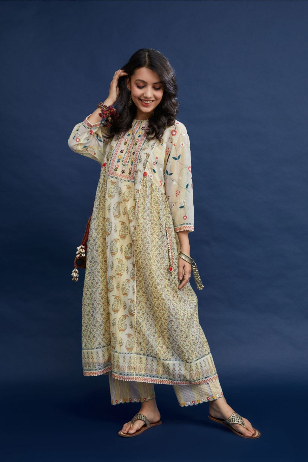 Hand block printed cotton Chanderi kurta set with cotton slip inside, highlighted with multi colored thread embroidery and ric-rac.