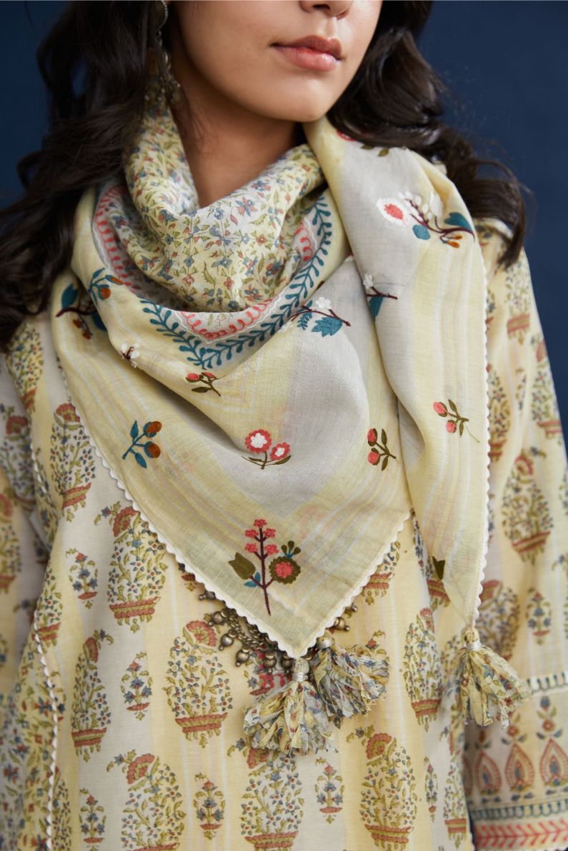 Beige hand block printed cotton Chanderi square scarf with all-over multi colored thread embroidery and fabric tassels at corners (Scarf)