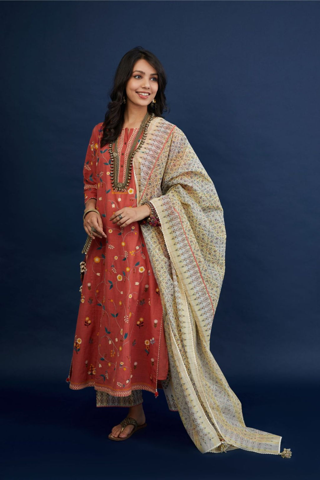 Beige hand block printed cotton Chanderi dupatta highlighted with ric-rac and thread tassels at all four corners (Dupatta)
