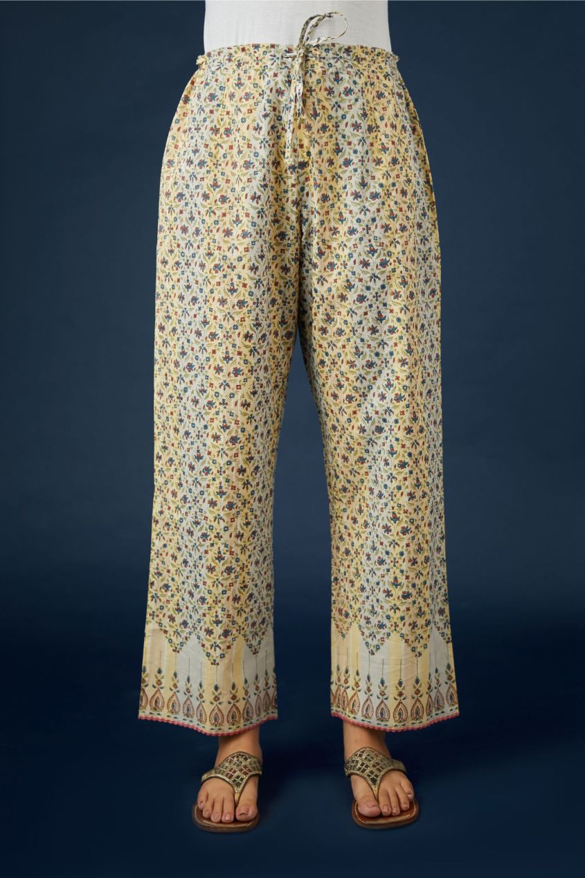 Hand block printed cotton pants with ric-rac detailing at bottom hem (Pants)