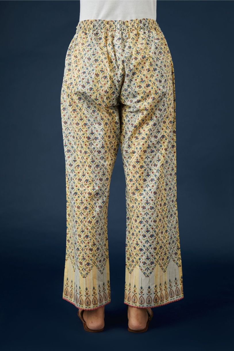 Hand block printed cotton pants with ric-rac detailing at bottom hem (Pants)