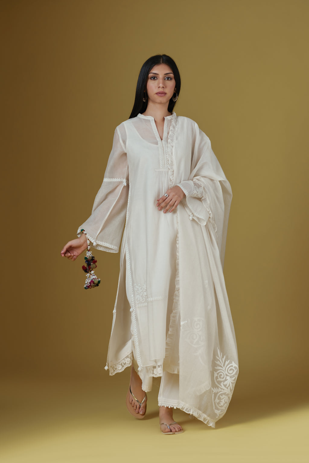 Off white straight kurta set highlighted with dori embroidery