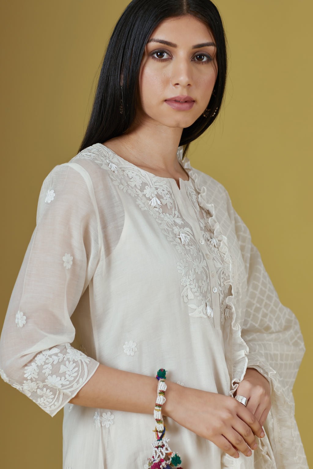 Short kurta set with embroidered neckline, front placket and hem
