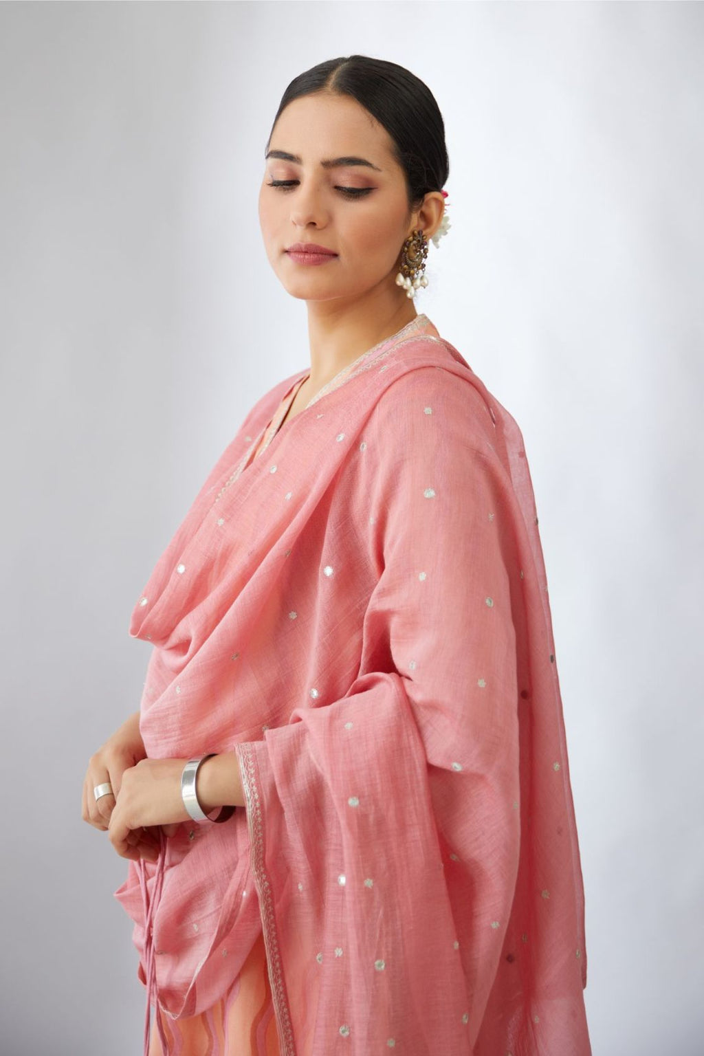 Silk Chanderi straight kurta set with all-over hand block print and silver zari embroidery.