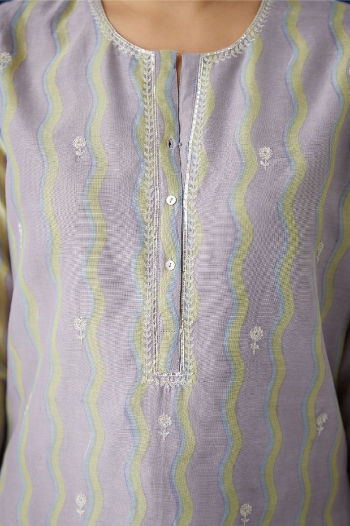 Purple and green hand block printed silk chanderi short kurta with silver zari and gota embroidery.