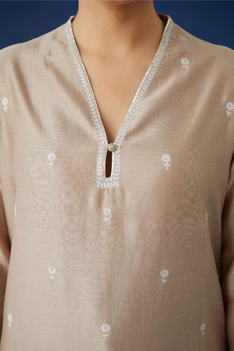 Grey silk Chanderi straight kurta set with all-over silver zari embroidery.