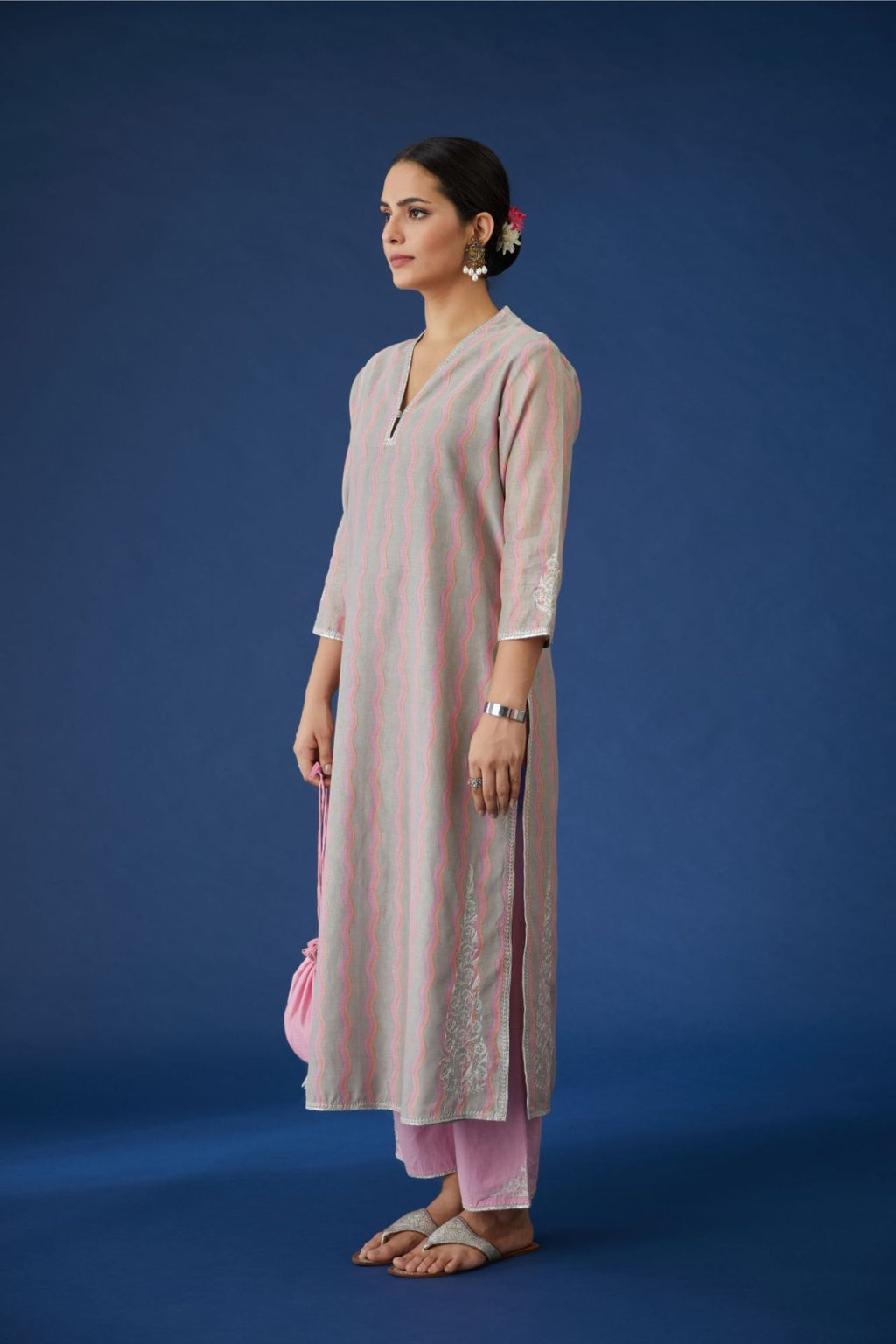 Pink and grey silk Chanderi straight kurta set with all-over hand block print and silver zari embroidery.