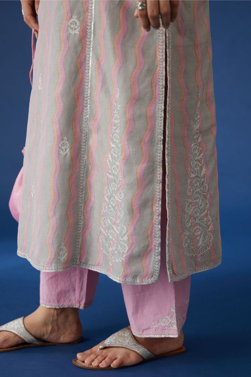 Pink and Grey hand block printed silk chanderi kurta set with silver zari and gota embroidery.
