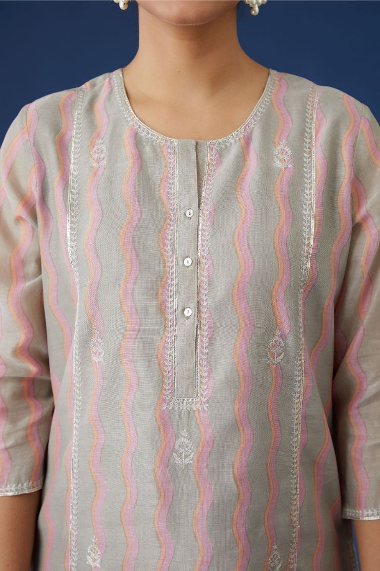 Pink and Grey hand block printed silk chanderi kurta set with silver zari and gota embroidery.