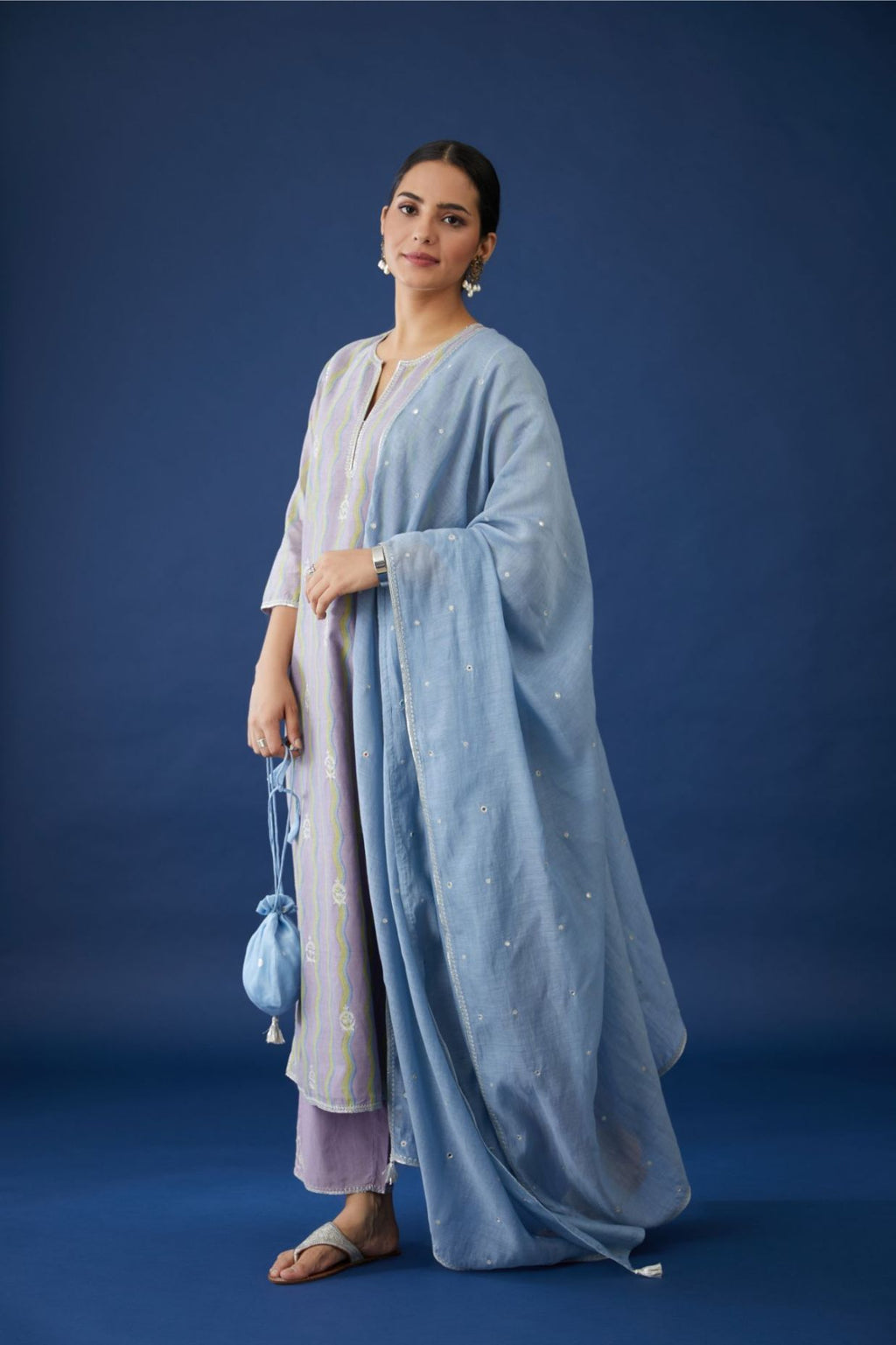 Blue cotton chanderi dupatta with silver zari embroidery at edges, highlighted with all-over hand attached mirrors (Dupatta)