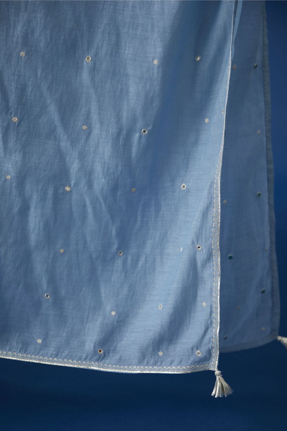 Blue cotton chanderi dupatta with silver zari embroidery at edges, highlighted with all-over hand attached mirrors (Dupatta)