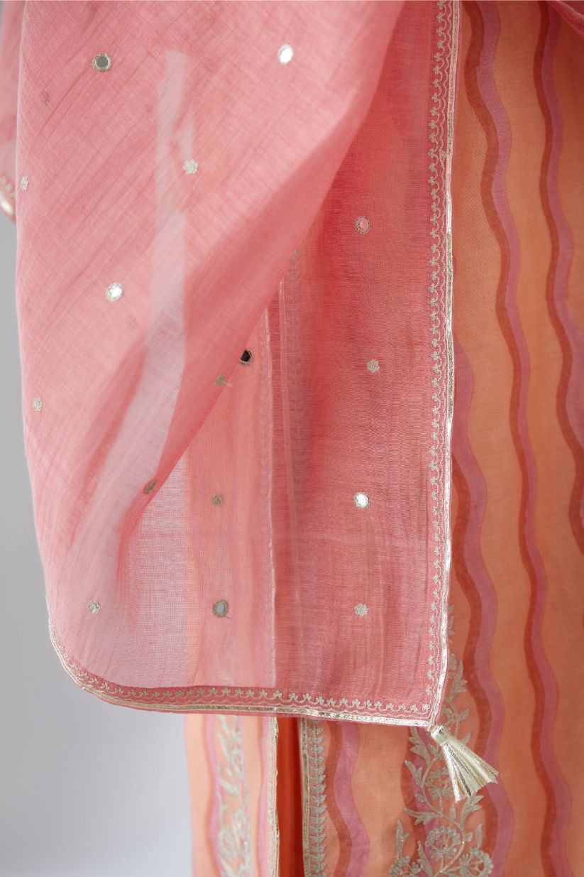 Dark pink cotton chanderi dupatta with silver zari embroidery at edges, highlighted with all-over hand attached mirrors (Dupatta)
