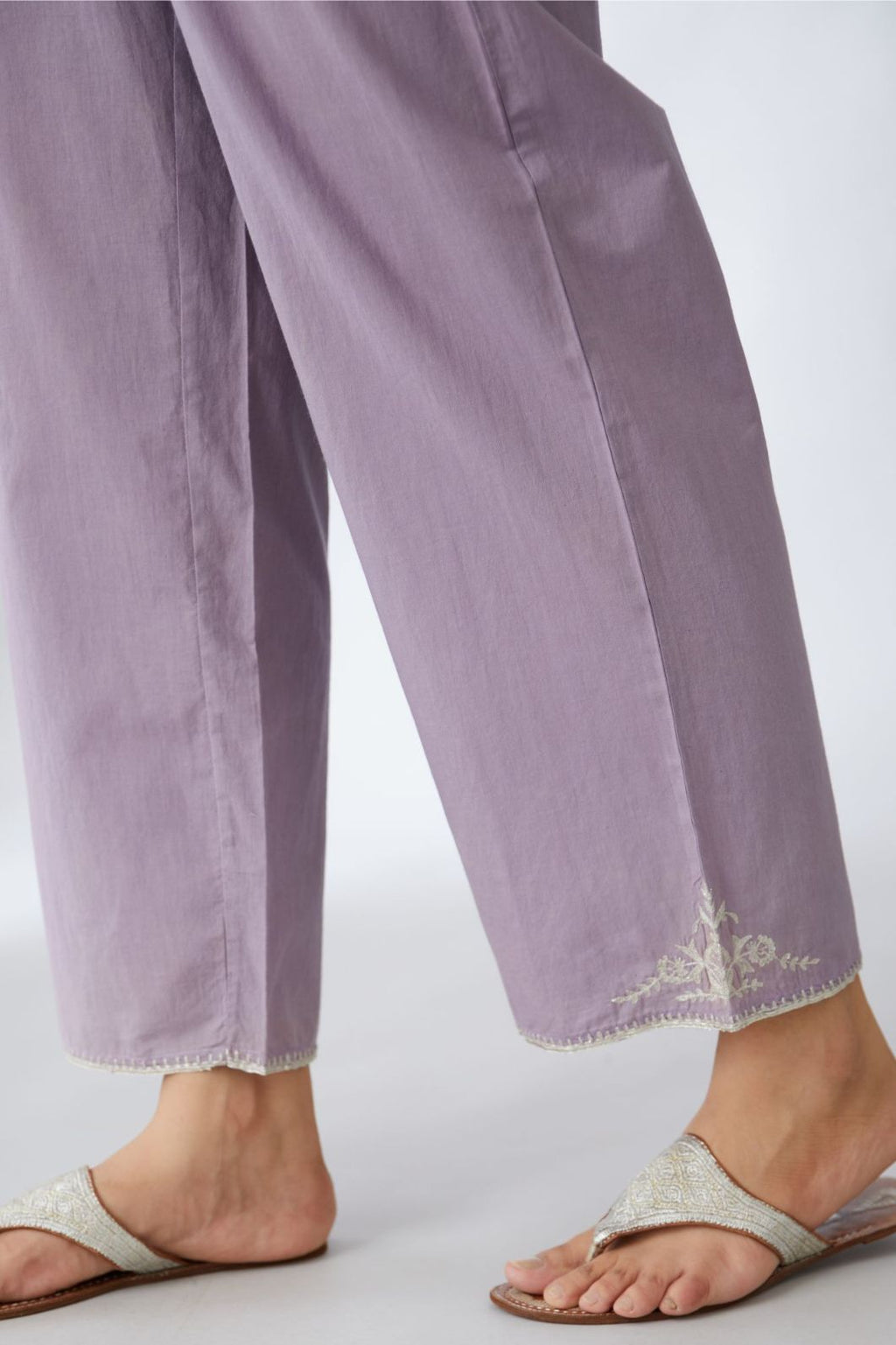 Purple cotton straight pants with silver embroidery detailing at bottom hem (Pants)