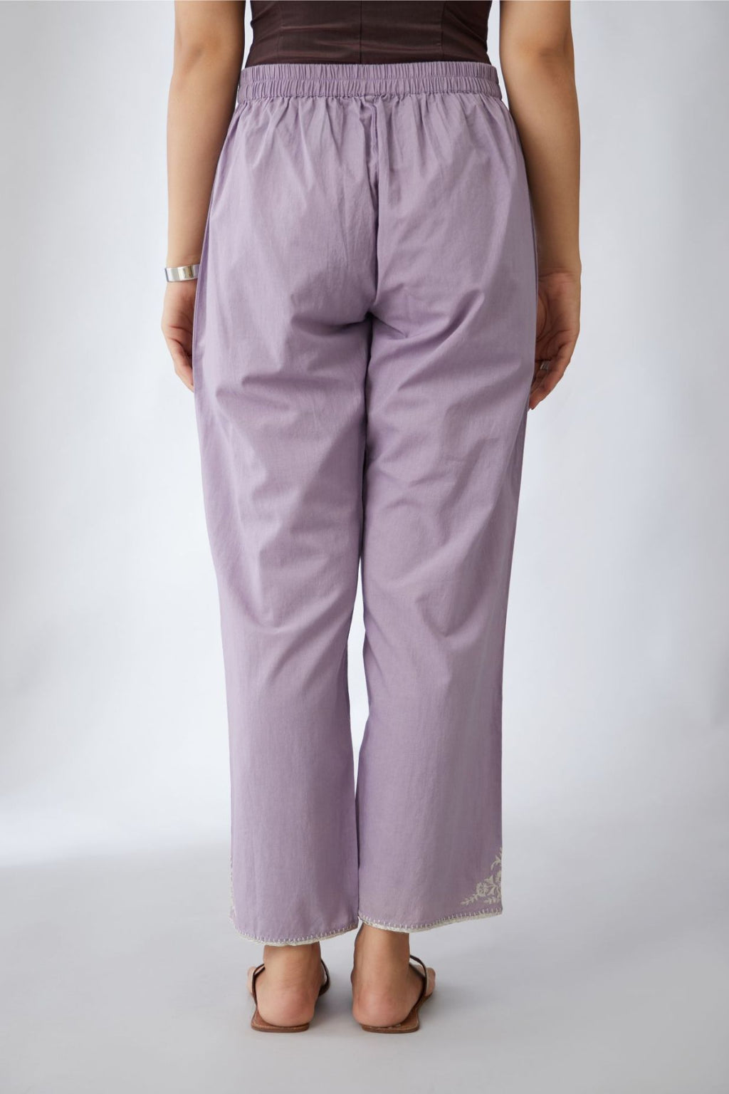 Purple cotton straight pants with silver embroidery detailing at bottom hem (Pants)