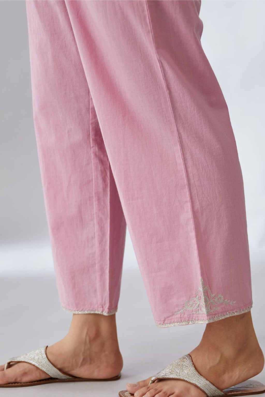 Pink cotton straight pants with silver embroidery detailing at bottom hem (Pants)