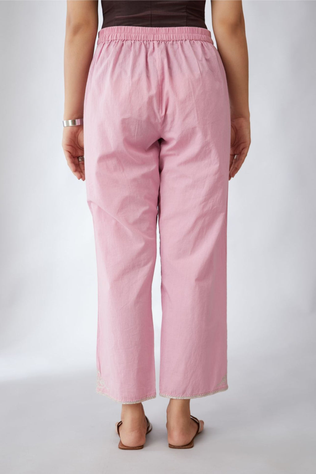 Pink cotton straight pants with silver embroidery detailing at bottom hem (Pants)