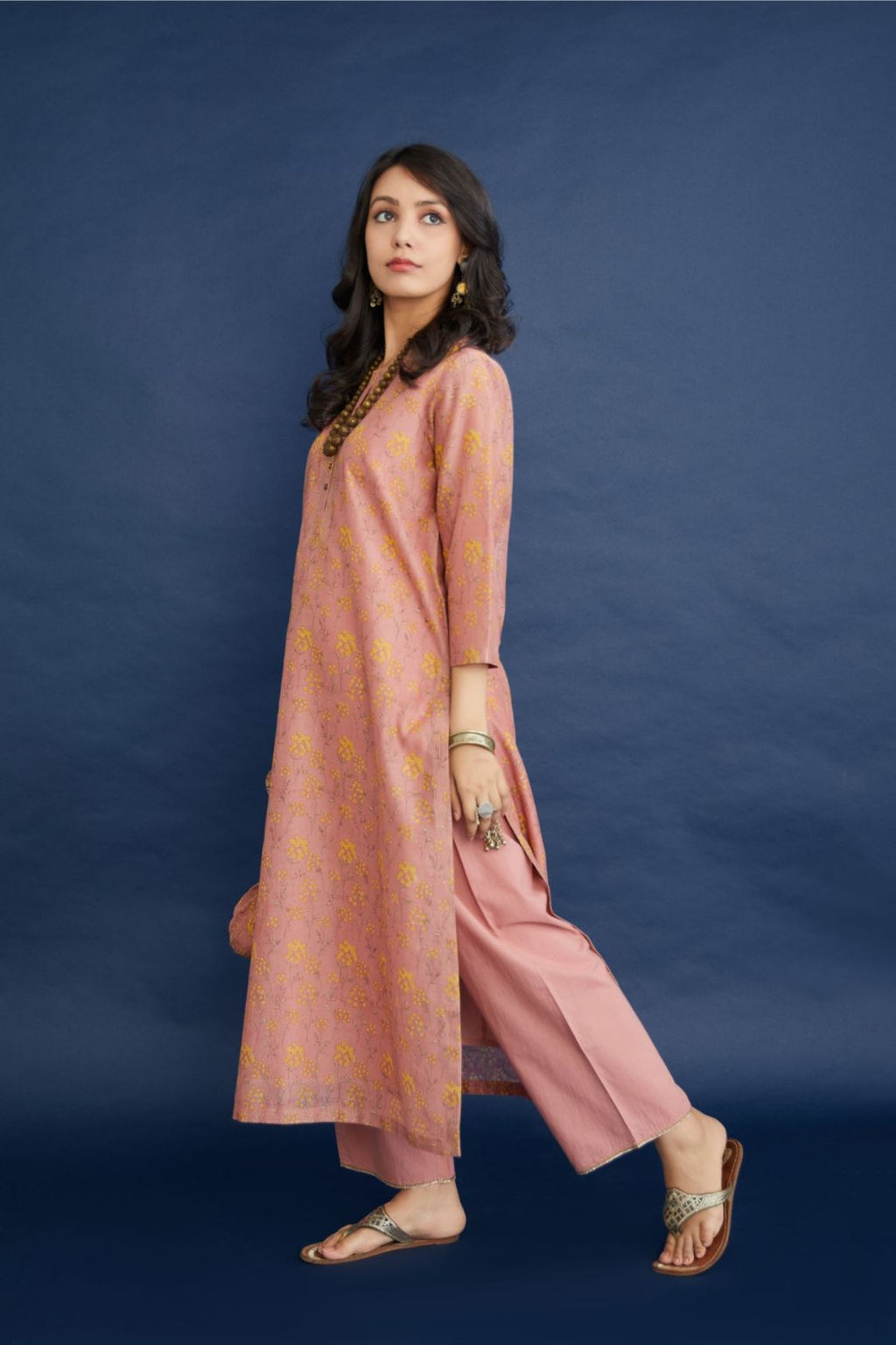 Dusty rose & yellow hand block printed straight kurta set, highlighted with dull gold quilting.